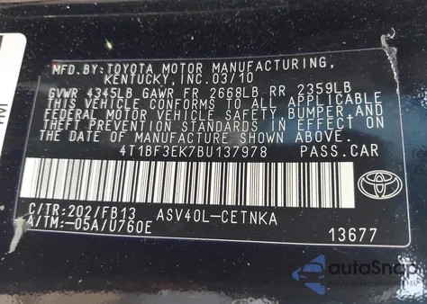 2011 Toyota Camry Se/Le/Xle из США, поврежденный, VIN 4T1BF3EK7BU137978